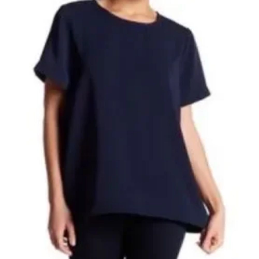 Madewell Short Sleeve Pleated Back Navy Blouse Top Hi Lo Small